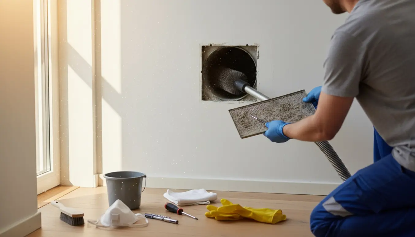 Rengøring af ventilationsrist i et rækkehus med støvsuger og børste, ingen ansigter synlige.