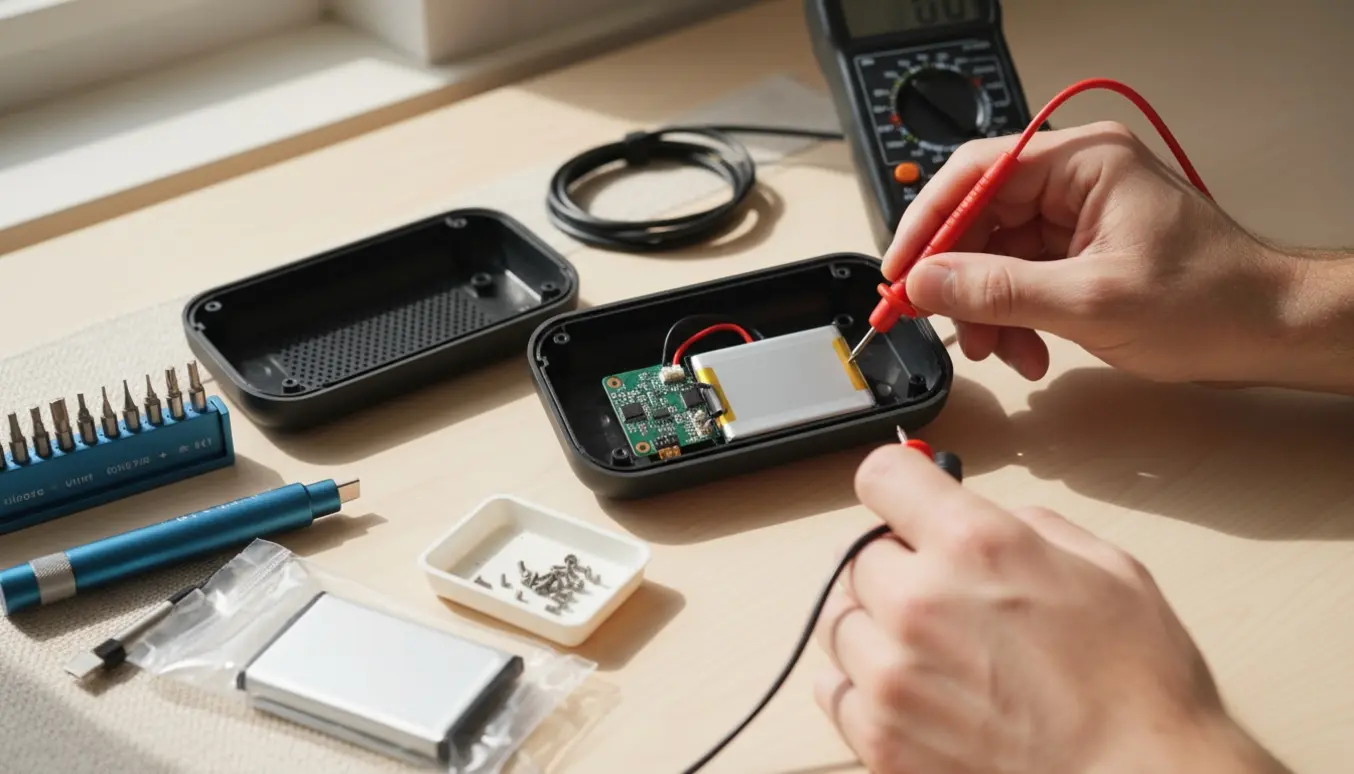 Nærbillede af en åben bærbar højttaler på et arbejdsbord, hvor hænder måler batteriet med et multimeter.