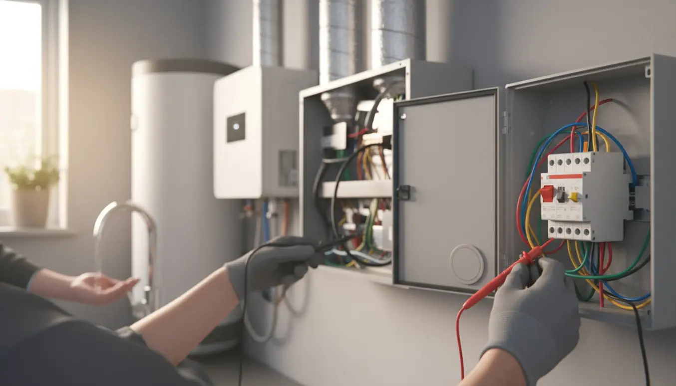 Åben eltavle med afbrudt HFI, åben ventilationsenhed og teknikerhænders multimeter i et bryggers.