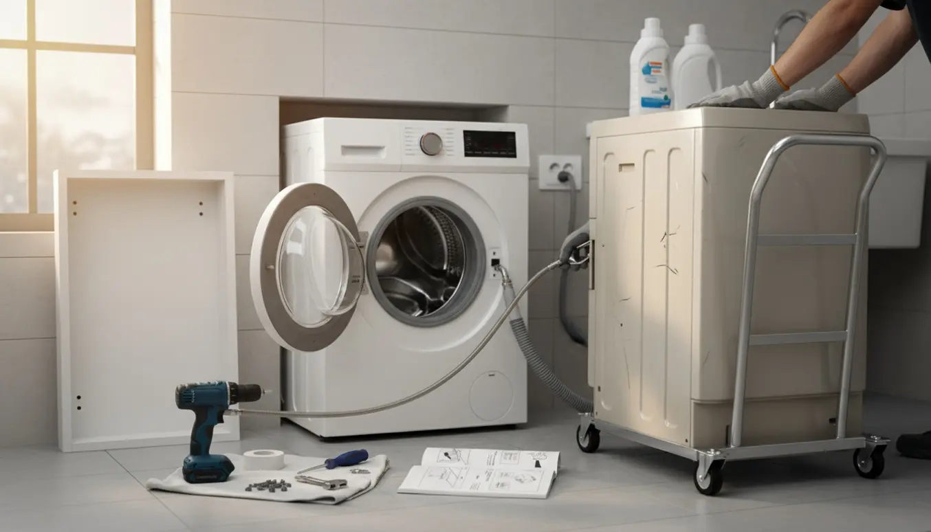 Ny vaskemaskine installeres i et lyst bryggers, gammel maskine på dolly og værktøj spredt på gulvet.