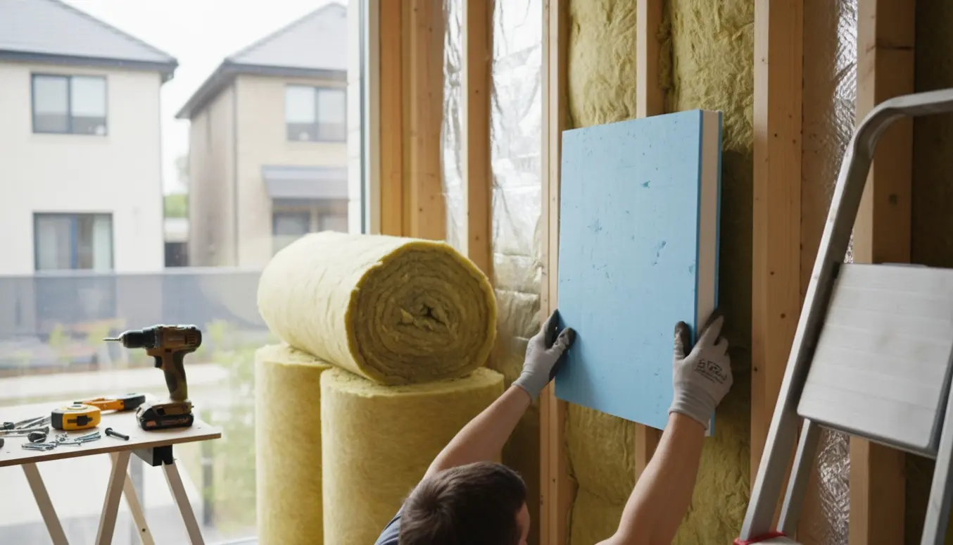 Håndværker med handsker, der monterer en isoleringsplade i en væg mellem to huse.