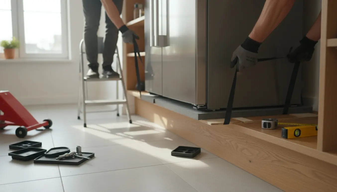 To par hænder løfter et rustfrit køleskab op på en indbygget hylde i et lyst køkken.