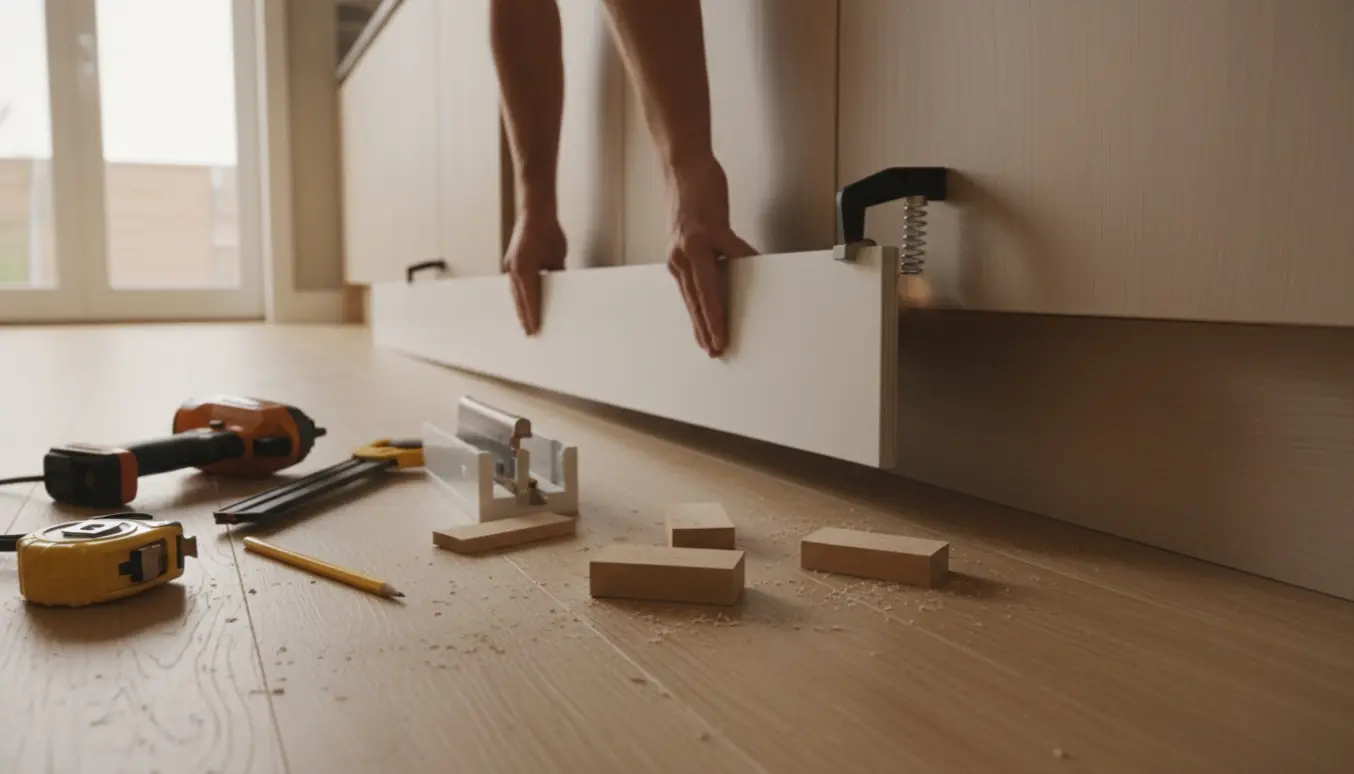 Hænder monterer fodpaneler langs bunden af køkkenskabe med værktøj på gulvet.