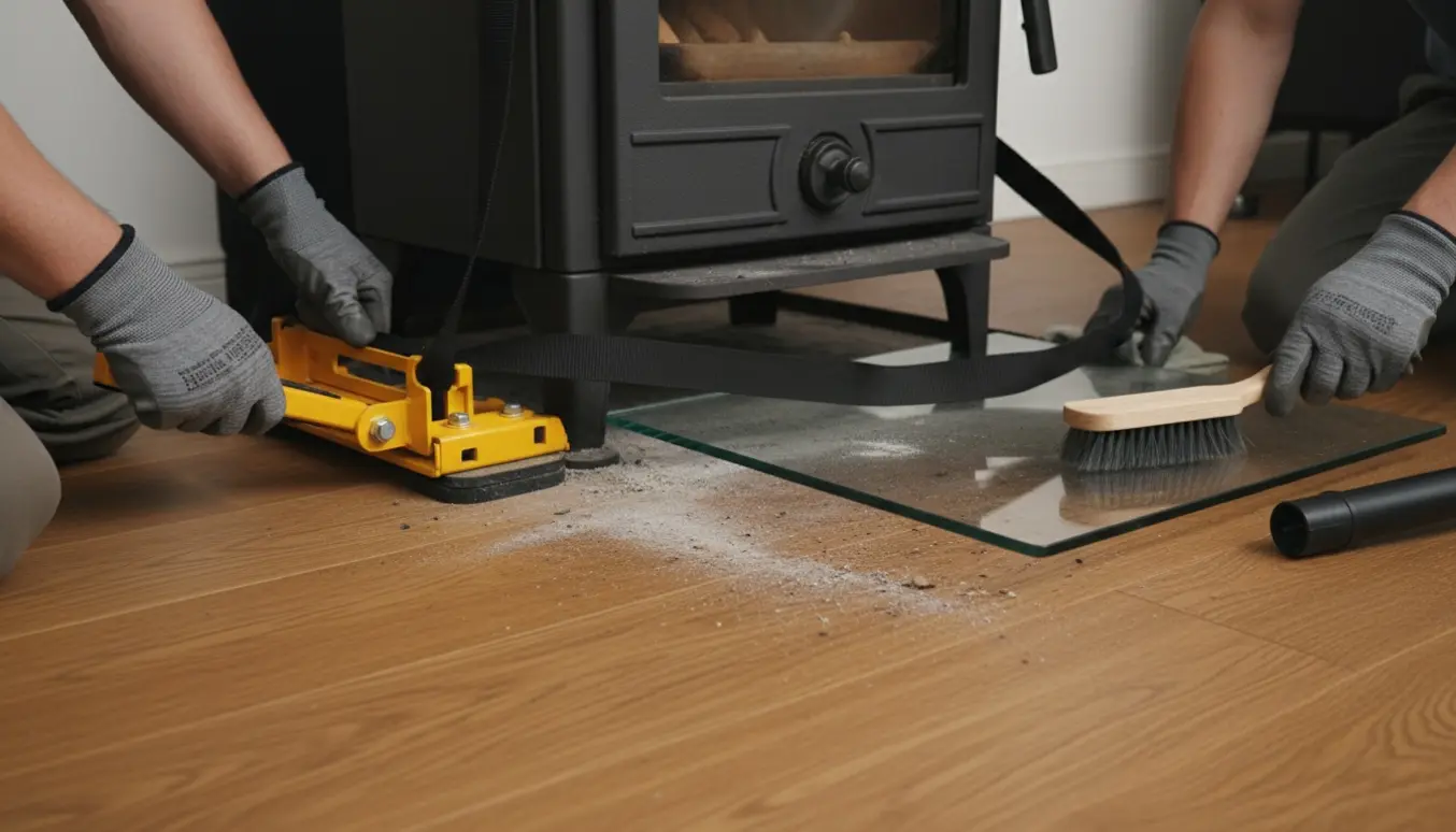 Nærbillede af en brændeovn løftet med handsker, mens en glasplade trækkes ud for rengøring på trægulvet.