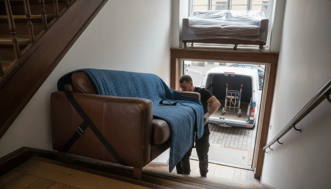 Flyttefolk bærer en tung lædersofa ned ad en smal trappe i en københavnsk opgang, med en varevogn klar udenfor.
