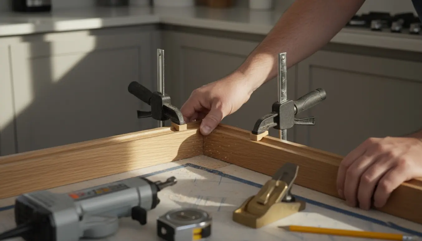 Hænder tilpasser og fastgør trælister i et køkkenhjørne med sav, målebånd og klemmer.