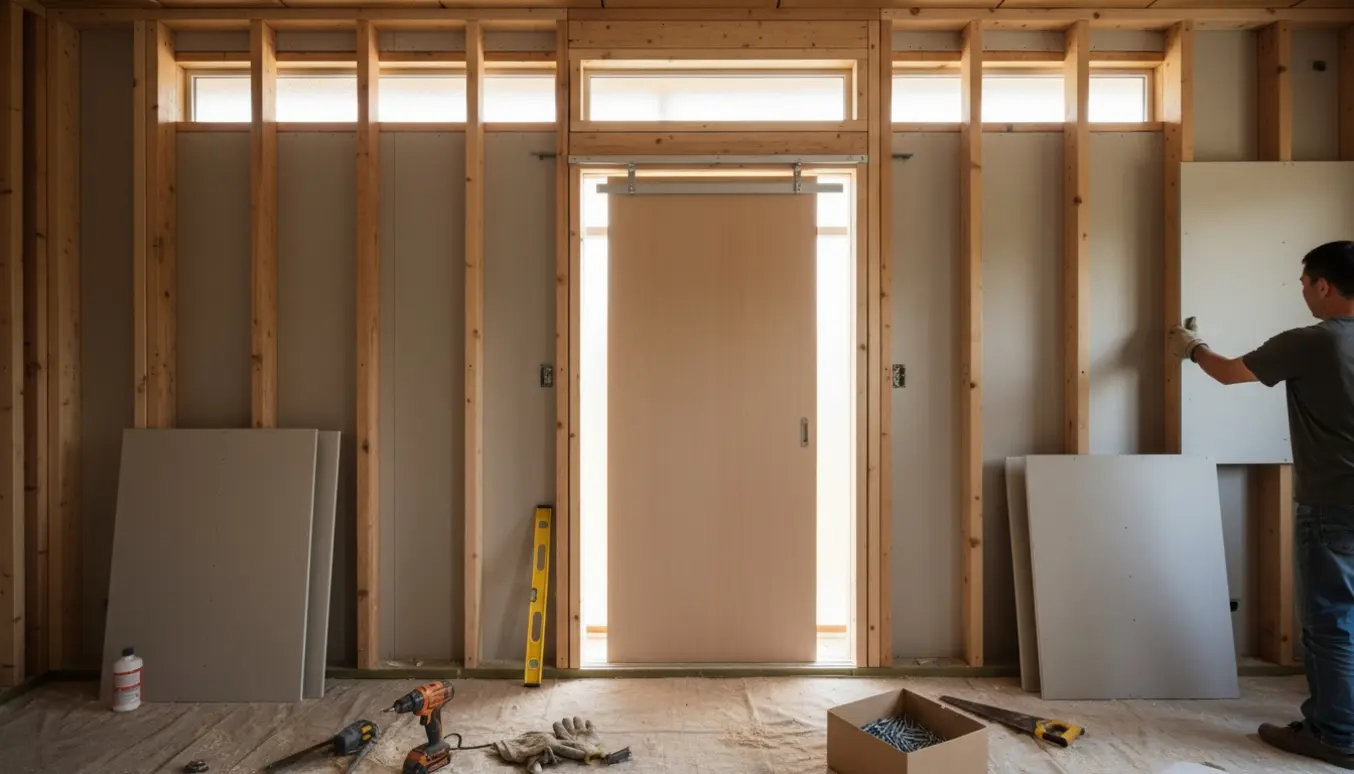 Indvendig skillevæg under opbygning med træskelet, gipsplader, skydedør og glasvinduer foroven.