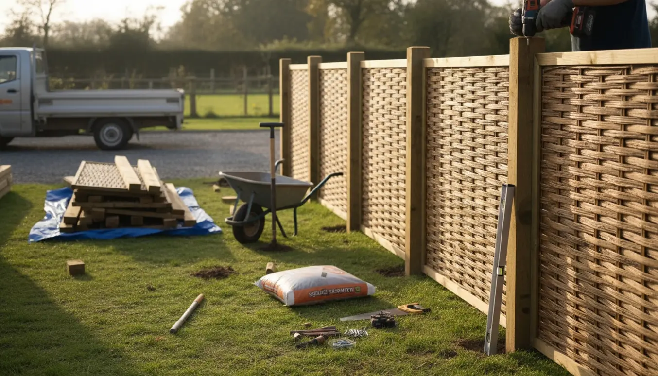 Nye flethegnssektioner og tre pæle klar til montering med værktøj og trailer i baggrunden.