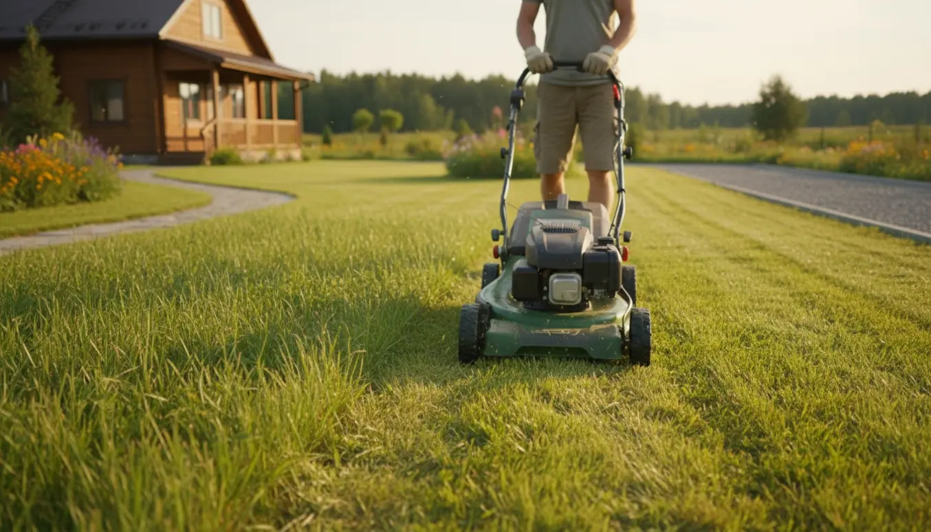 Plæneklipper fjerner højt græs på en sommerhusgrund og efterlader tydelige, nyslåede striber.