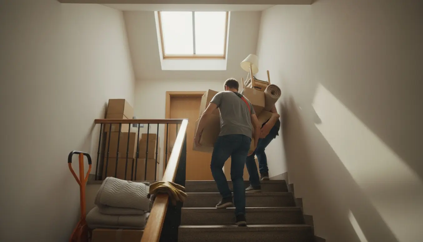 To personer bærer flyttekasser og små møbler op ad en opgangstrappe mod et loftsrum.