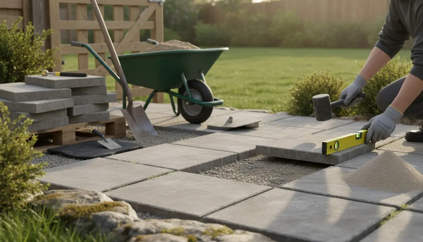 Omlægning af udendørs fliser i have med værktøj og stabler af nye fliser ved en åben havelåge.