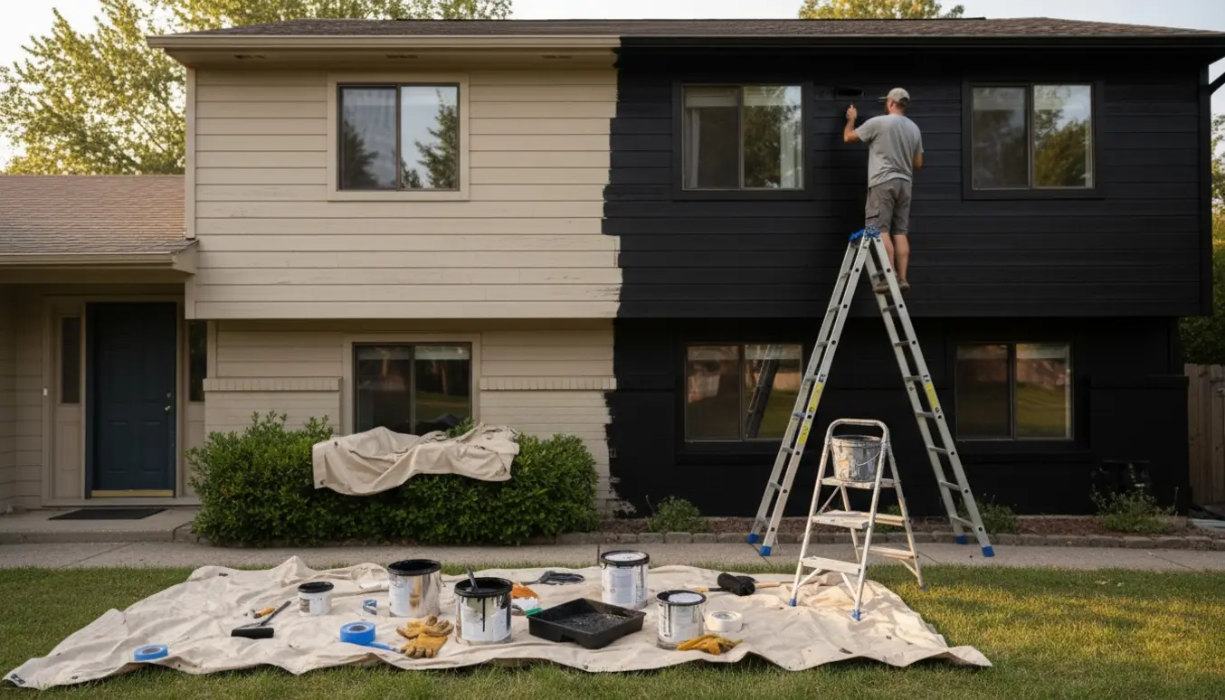 En maler på stige maler husets facade sort med værktøj og afdækningsmaterialer i forgrunden.