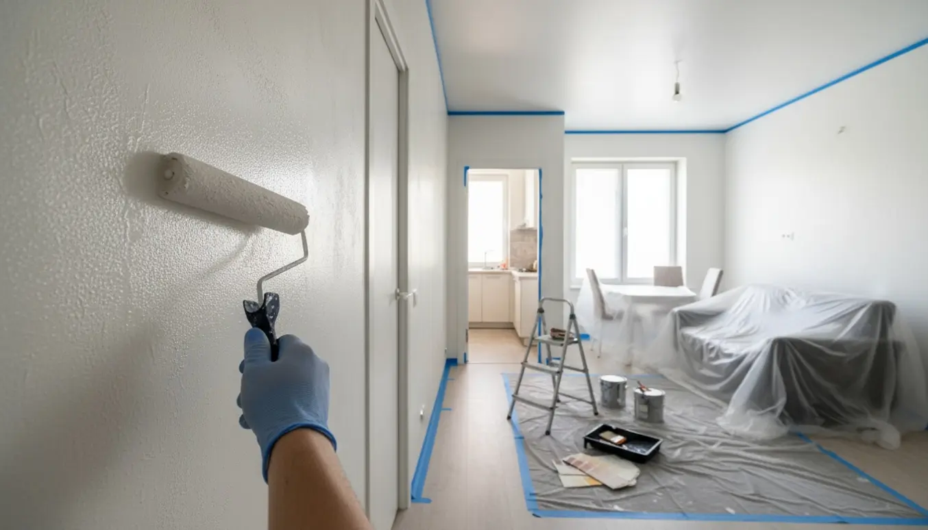 Nærbillede af en rulle, der påfører hvid maling på væg i en møbleret 60 m² lejlighed med afdækket møbler og malerudstyr.