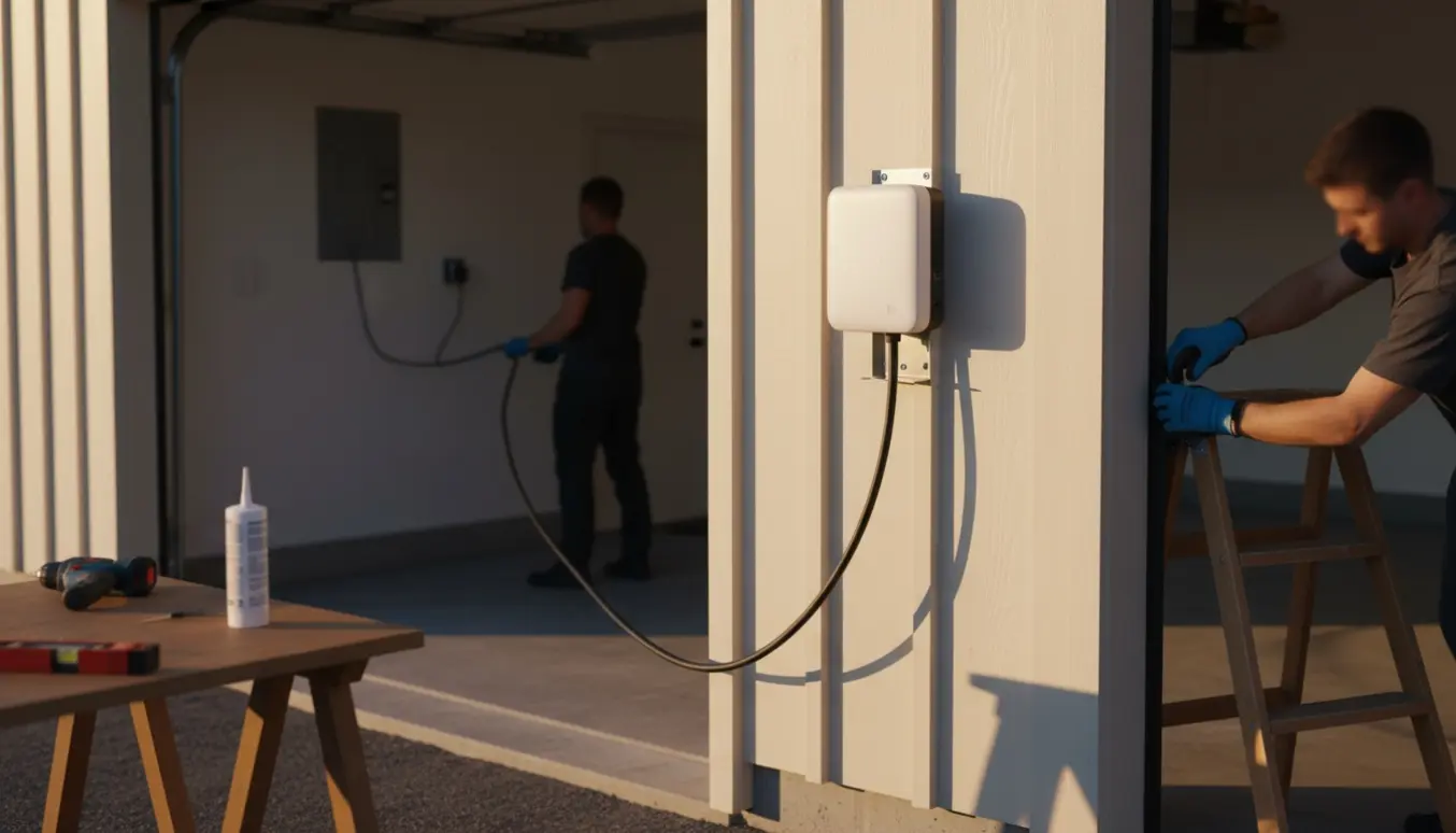 Tekniker monterer en vægmonteret elbiloplader på ydersiden af en garage med kabel ført ind i garagen.