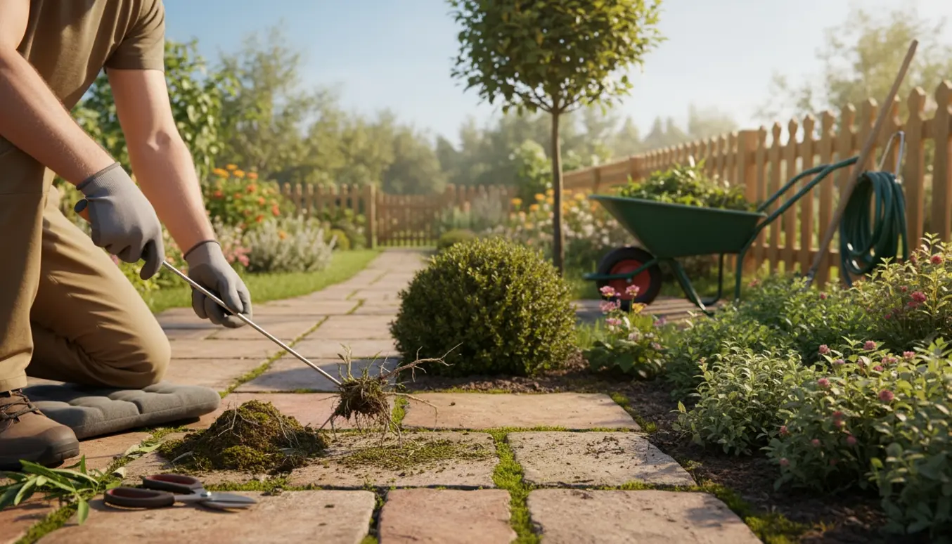 Hænder i handsker luger ukrudt mellem fliser og klipper buske i en solrig have.