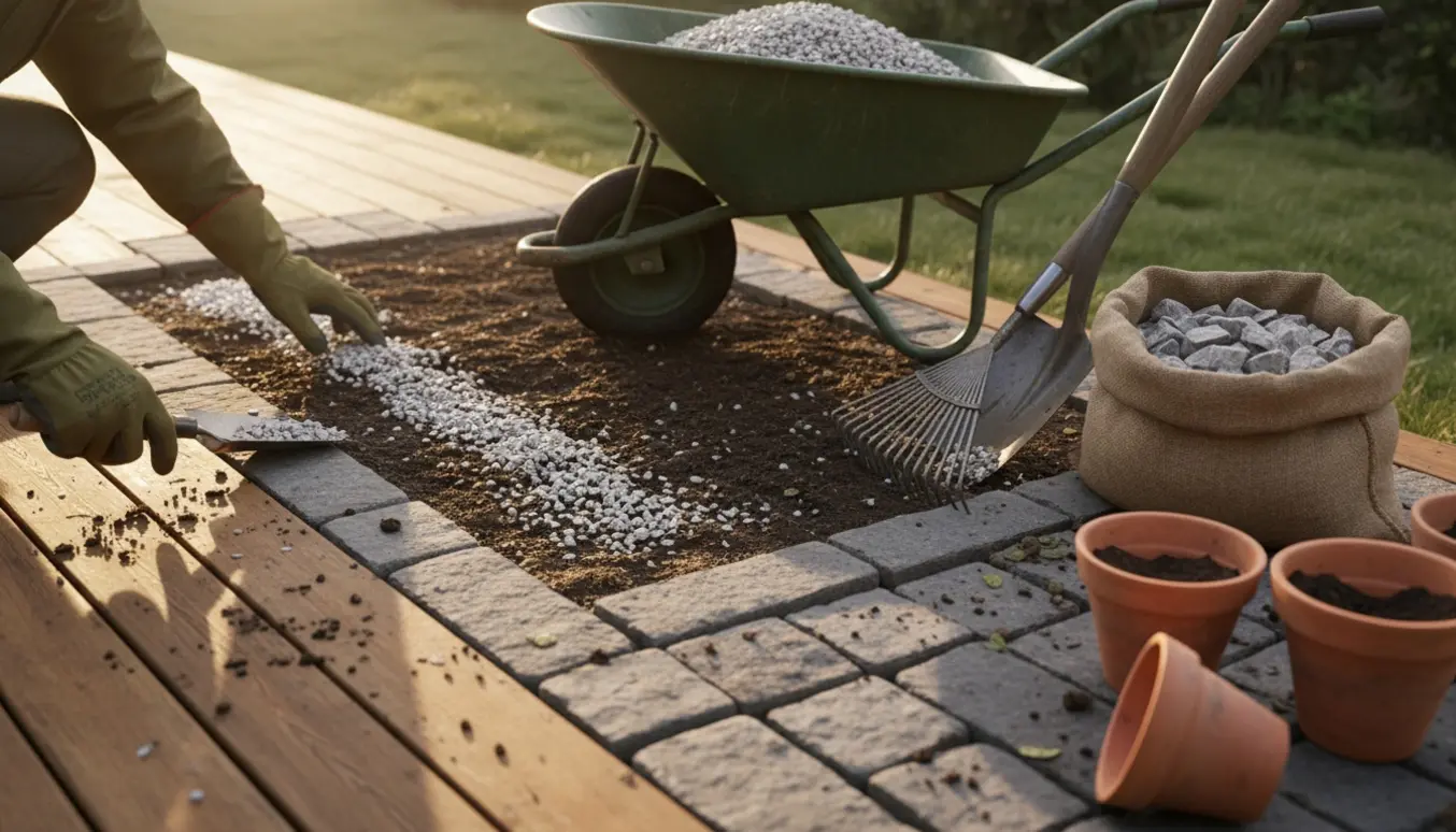 Hænder i handsker fordeler granitskærver i et lille blomsterbed ved terrassen.