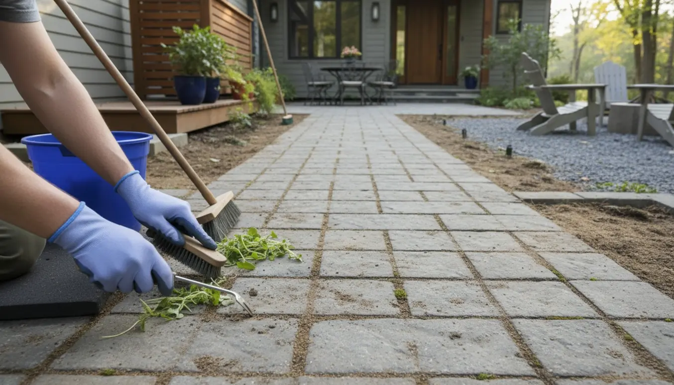 Nærbillede af hænder, der fjerner ukrudt mellem fliser foran huset med tre ryddede terrasseområder i baggrunden.