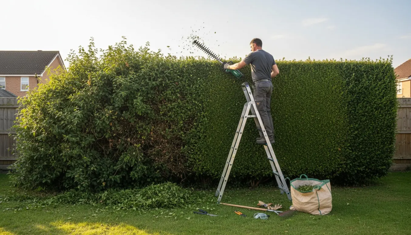 Person klipper en 2–3 m høj og ca. 19 m lang hæk med en lang hækkeklipper, afklip samlet på græsset.