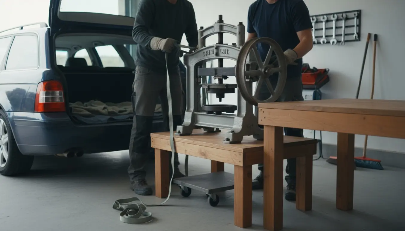 To personer flytter en tung grafikpresse fra bilens bagagerum til et arbejdsbord i en garage.