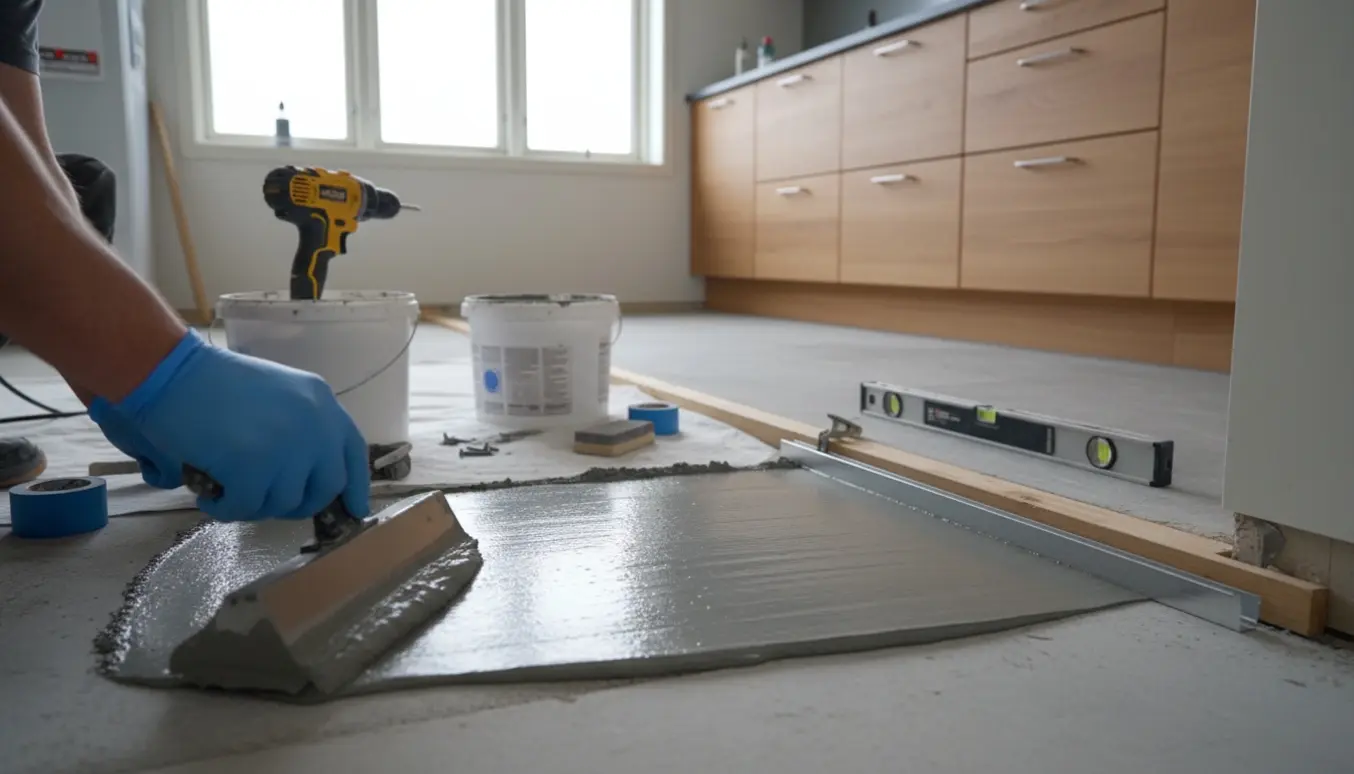 Microcement påføres et lyst køkkengulv med værktøj og en aluminiumsskinne ved en løs bjælke.