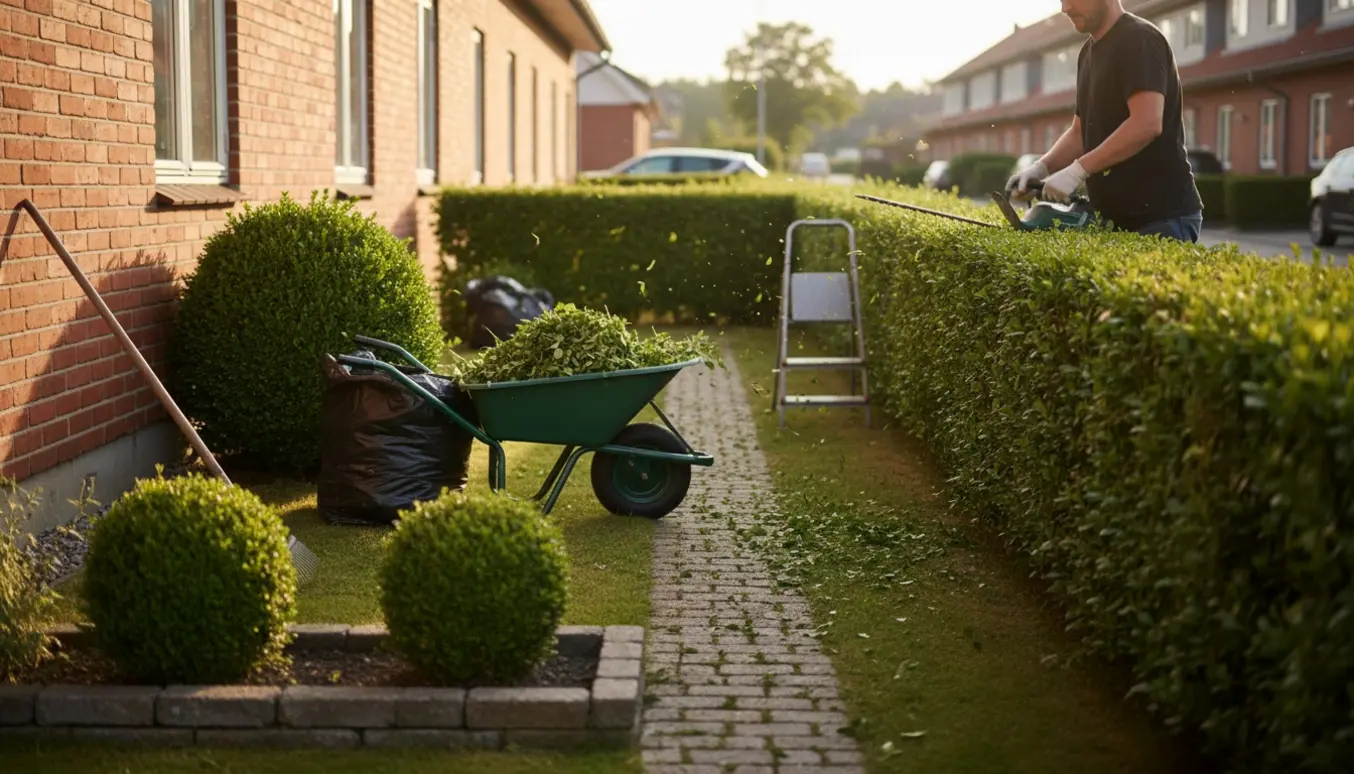 Person trimmer hæk foran et rækkehus i Humlebæk med to nyligt klippede buske og haveredskaber.