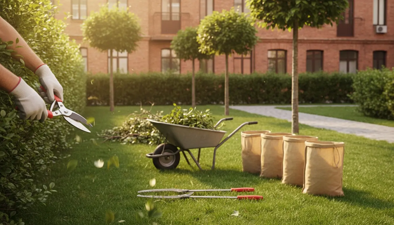 Nærbillede af beskæring af små træer og hæk i en lille byhave med bunker af afklip og sække haveaffald.