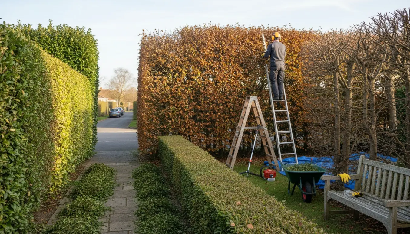 Fire hække klippes i et havehjørne med stige, hækkeklipper og friske afklip på jorden.