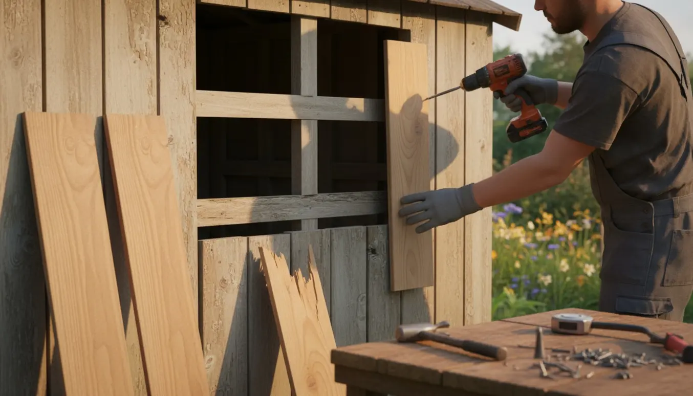 Nærbillede af hænder, der udskifter et bræt på et skur med en boremaskine, to nye brædder lænet mod skuret.