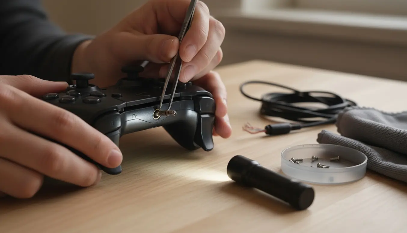 Nærbillede af hænder, der bruger pincet og en tynd nål for at få en knækket høretelefonstik ud af en spillecontroller.