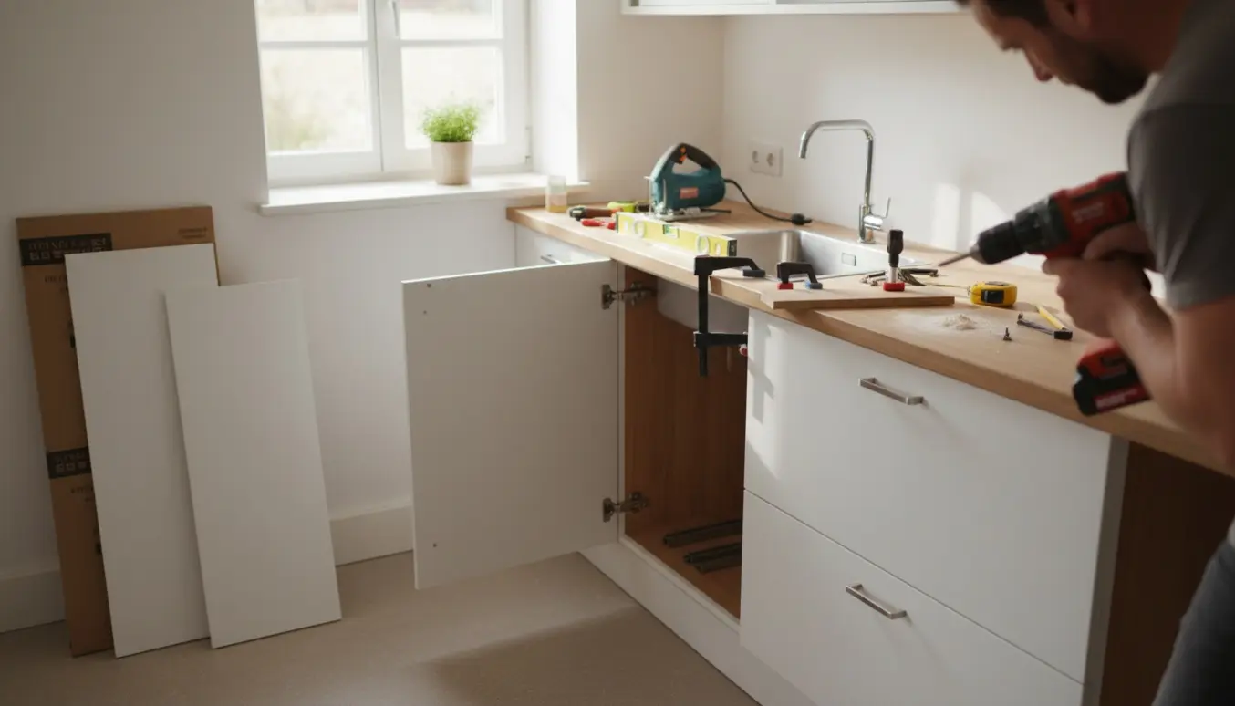 Håndværker færdiggør de sidste detaljer på et næsten færdigt IKEA-køkken.