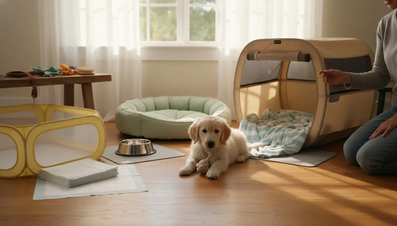 En soloplyst stue med en hvalp ved åben kurv, skåle, legetøj og plejeudstyr klar til pasning hele dagen.
