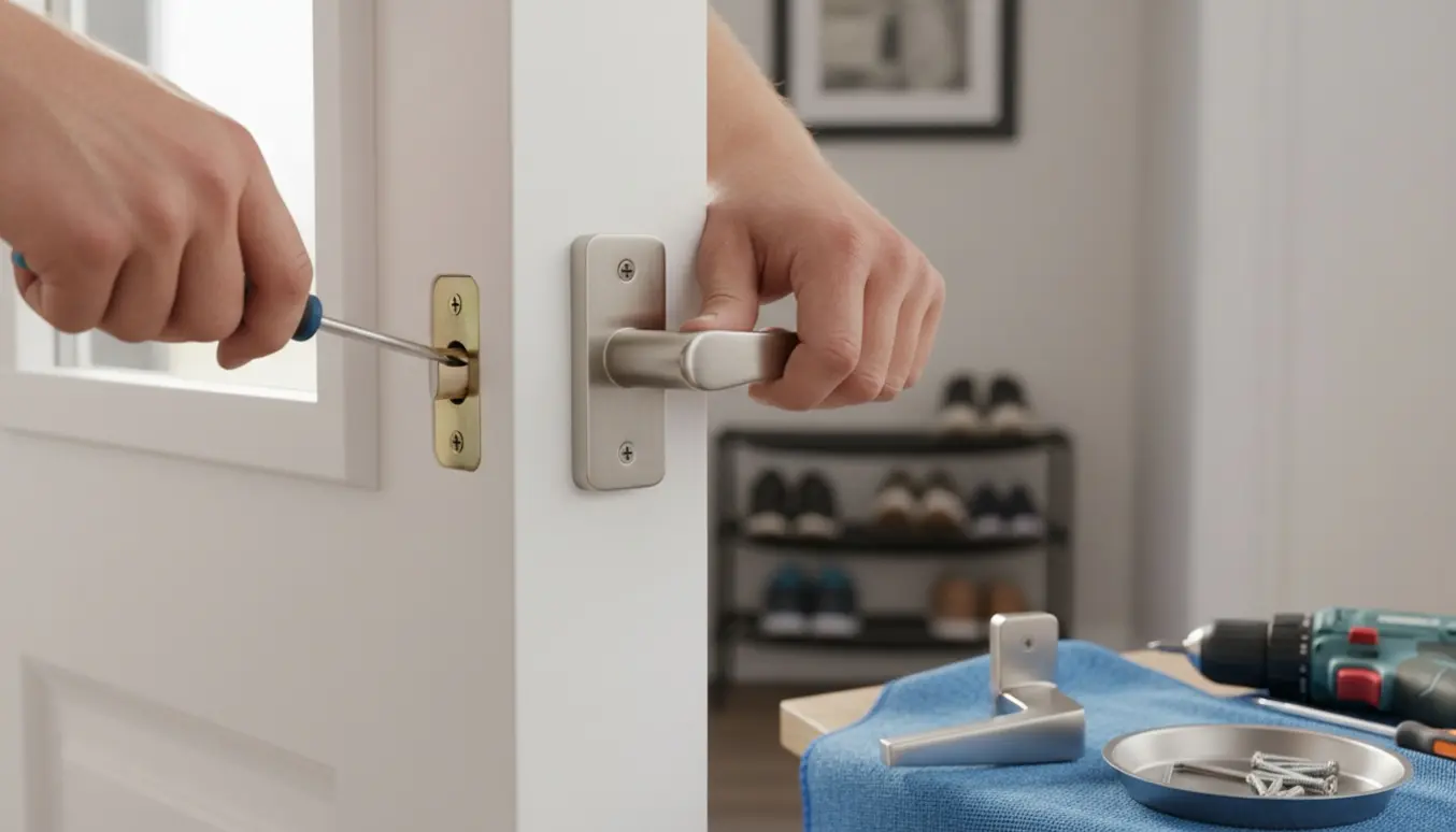 Nærbillede af hænder, der udskifter et dørhåndtag indvendigt med værktøj på en klud.