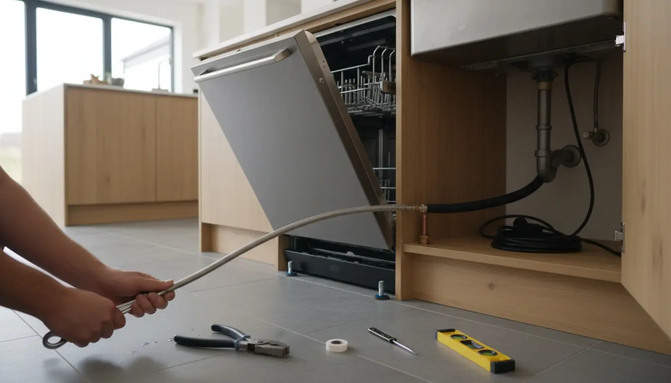 Hænder tilslutter en opvaskemaskine i et moderne køkken med værktøj og slanger synlige.