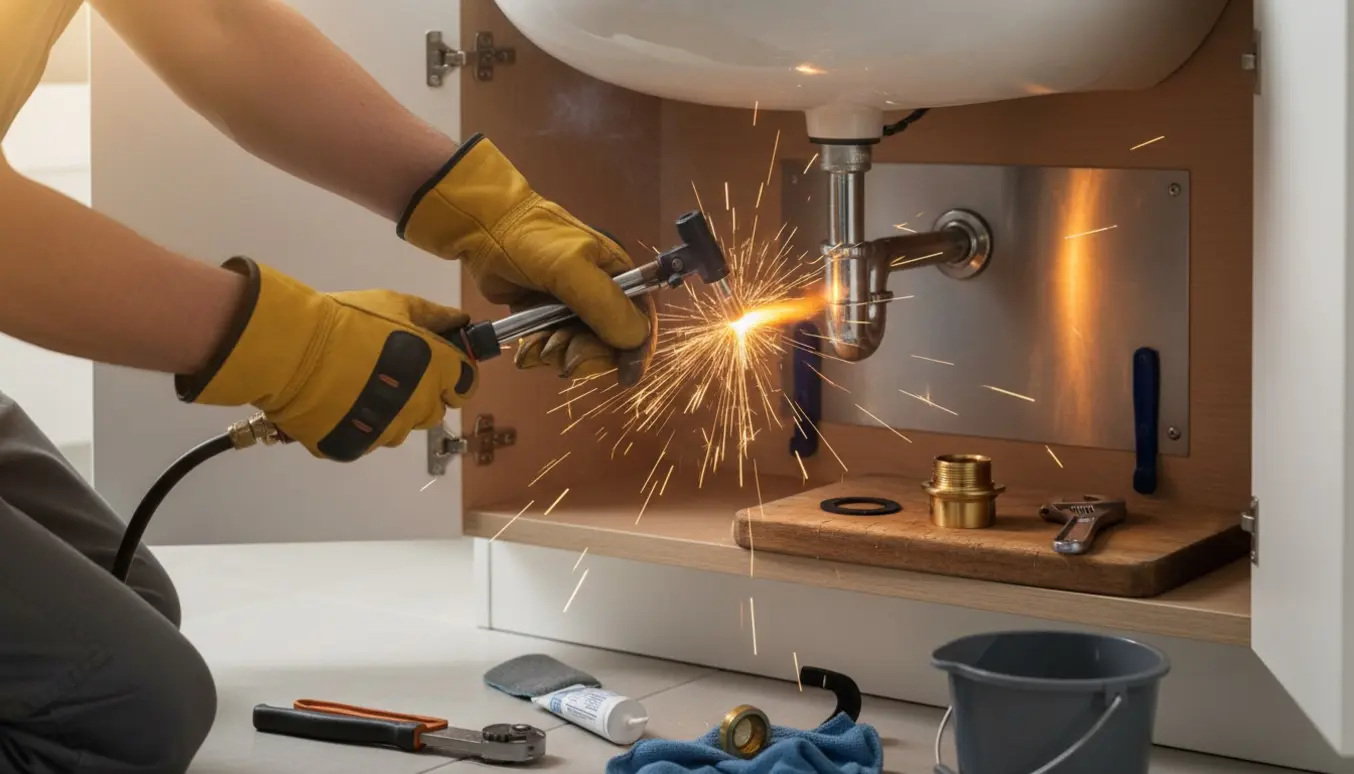 Nærbillede af handskerede hænder, der skærer en kobberstuds til bundventil under en håndvask med en lille gasbrænder.