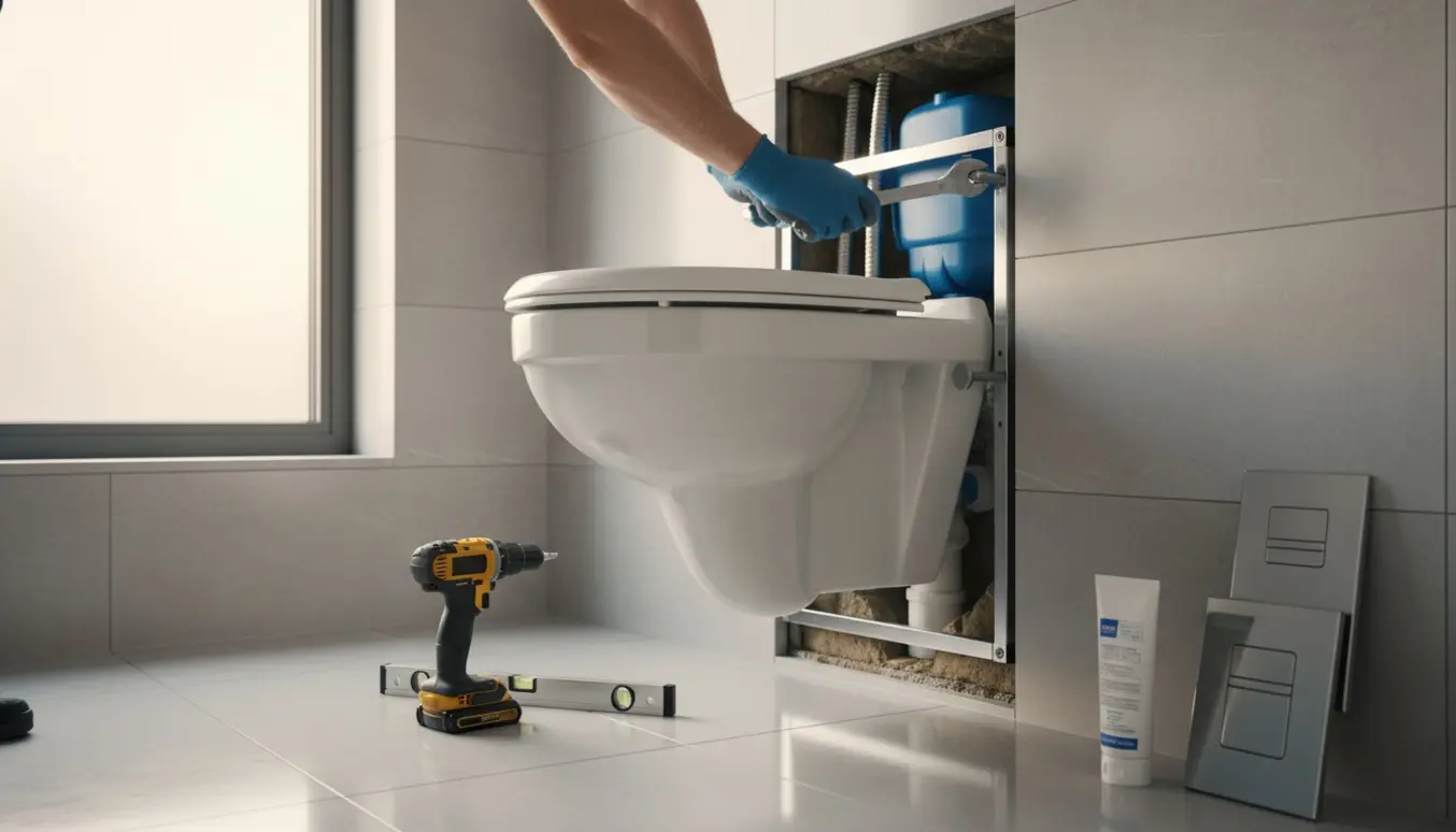 Montør installerer et vægophængt toilet i et moderne badeværelse under renovering.