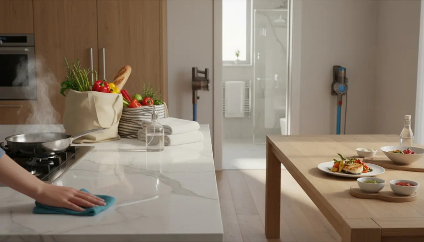 Soloplyst moderne hjem med en hushjælper (kun hænder) der gør rent, bærer indkøbsposer og sætter mad på bordet.