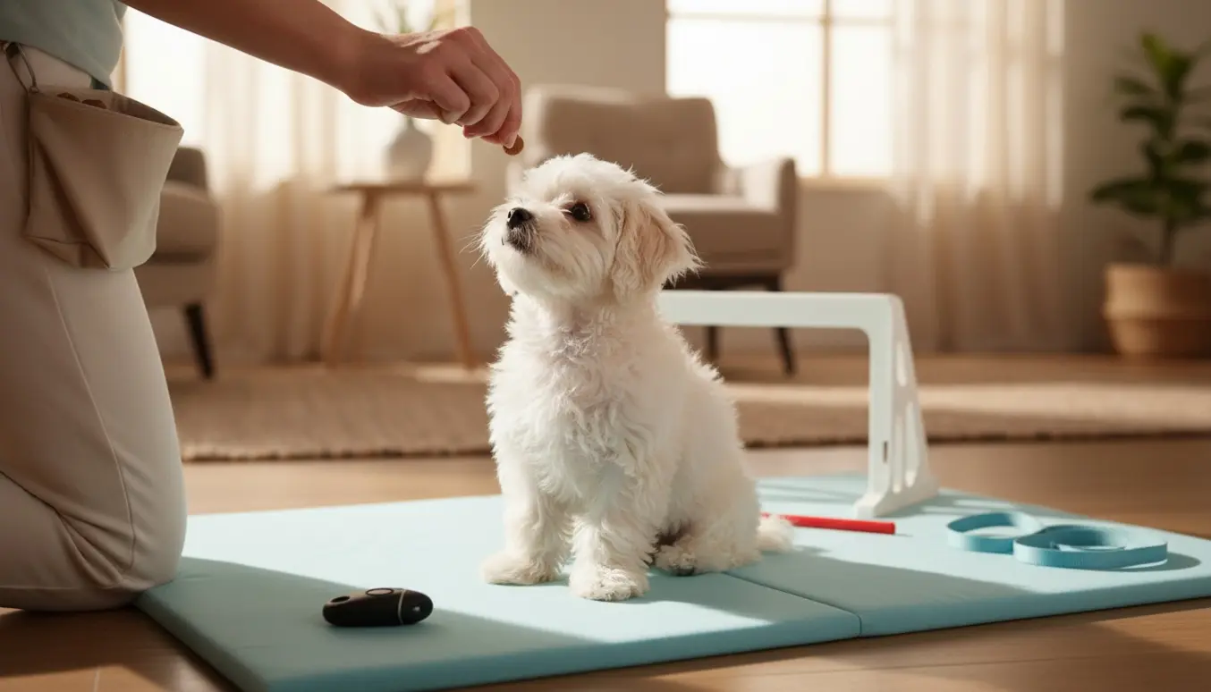 En malteser-hvalp sidder opmærksomt på en træningsmåtte, mens en hånd holder en godbid og et klikker ligger ved siden af.