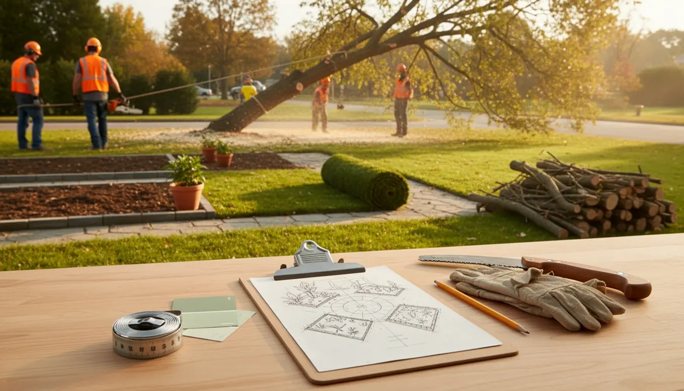 En havedesigner skitserer en enkel haveplan i forgrunden, mens et højt træ fældes forsigtigt ved vejen i baggrunden.
