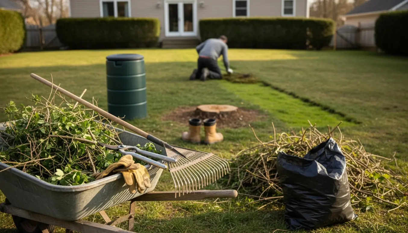 Værktøj i forgrunden og en person set bagfra, der beskærer buske og fjerner mos fra plænen.