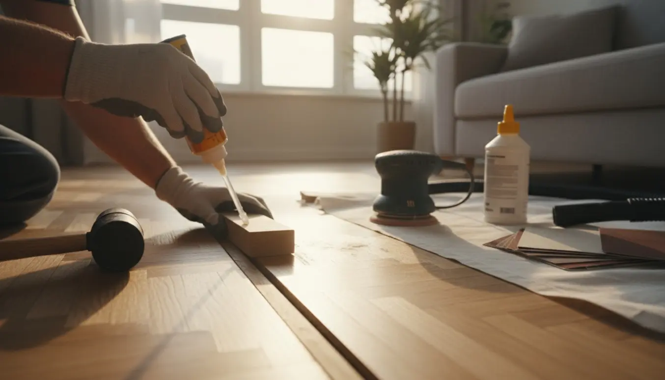 Nærbillede af hænder, der påfører lim og sliber et knirkende parketgulv i en lys lejlighed.