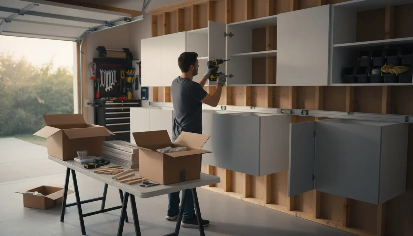 To personer monterer moderne garageskabe med boremaskine og vaterpas i en lys, ryddelig garage.