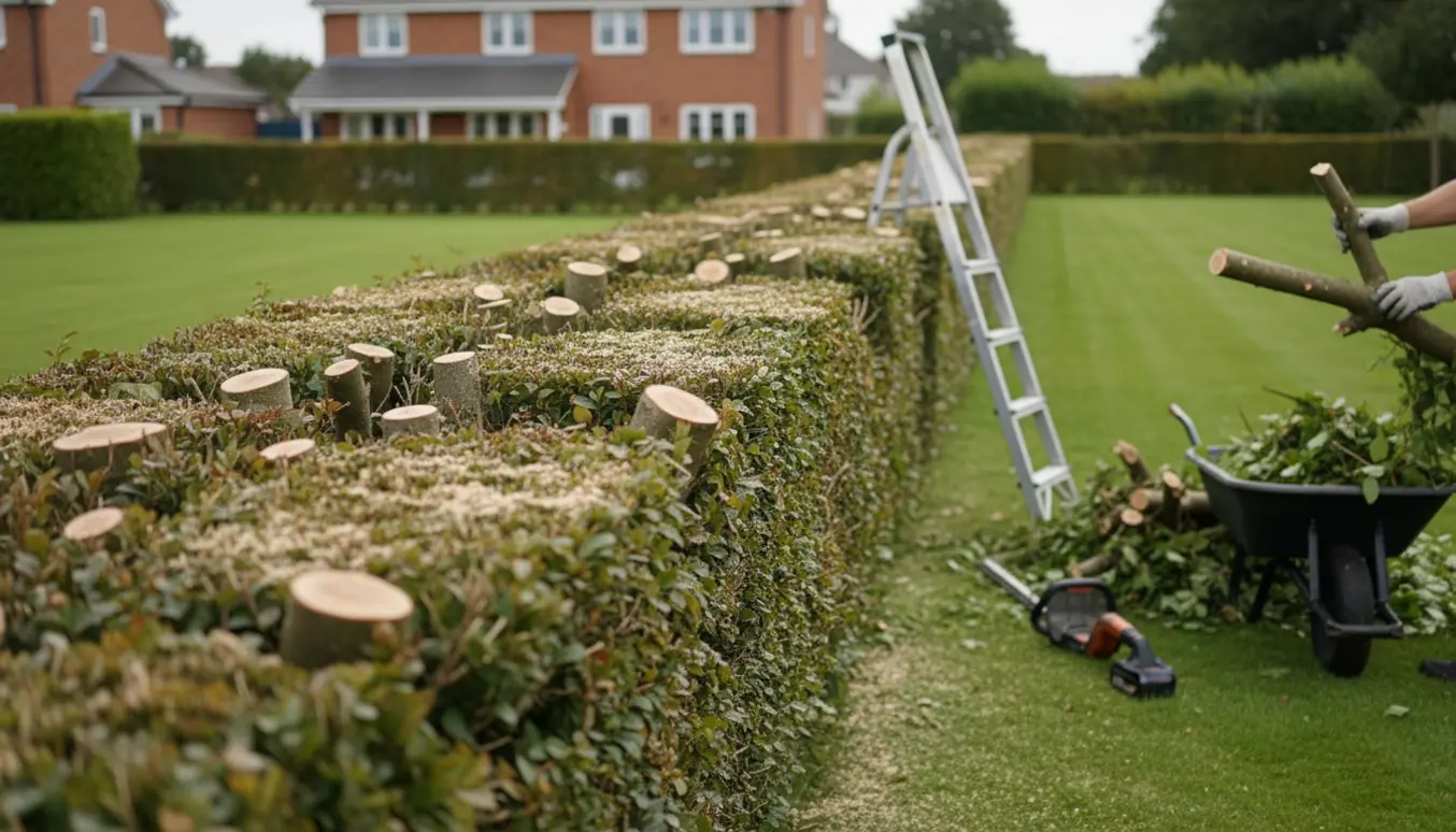 Stor bøgehæk klippes i en velholdt have med friske snit og afklippede grene samlet ved siden af.
