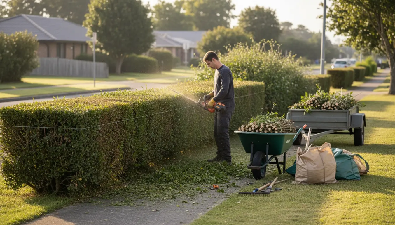 En havemand trimmer en vejvendt naturhæk med afklip samlet i trillebør og bundter klar til afhentning.