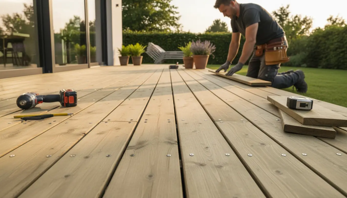 Næsten færdig 100 m² træterrasse i imprægneret fyrretræ med værktøj og materialer i varmt dagslys.