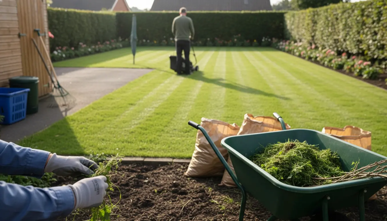 Flad parcelhushave med en person (uden ansigt) der slår græs og samler ukrudt i en trillebør.