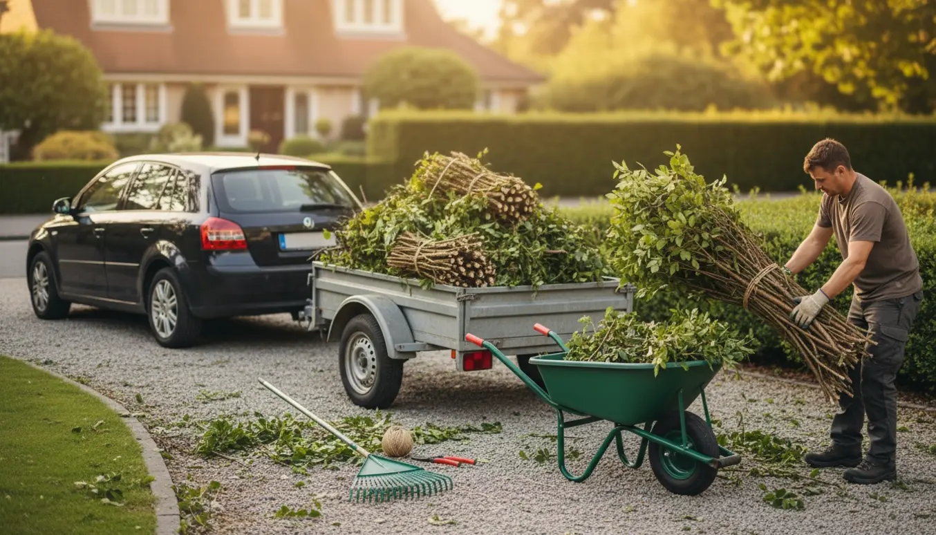 Trailer i indkørsel halvt fyldt med nyslået hæk og grene, folk læsser grene med handsker og haveredskaber.
