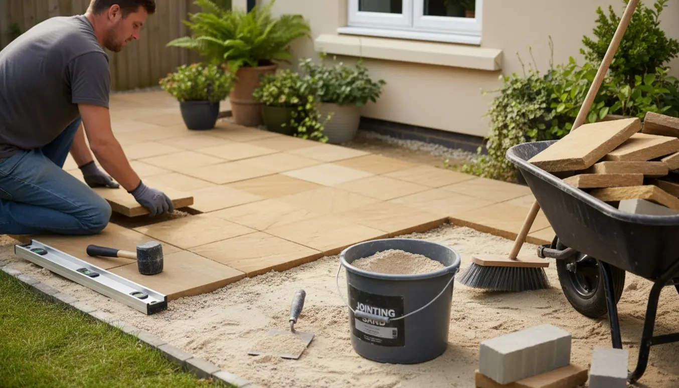 Lille terrasse på omkring fire kvadratmeter under anlæg med fliser, værktøj og grønne planter i baggrunden.