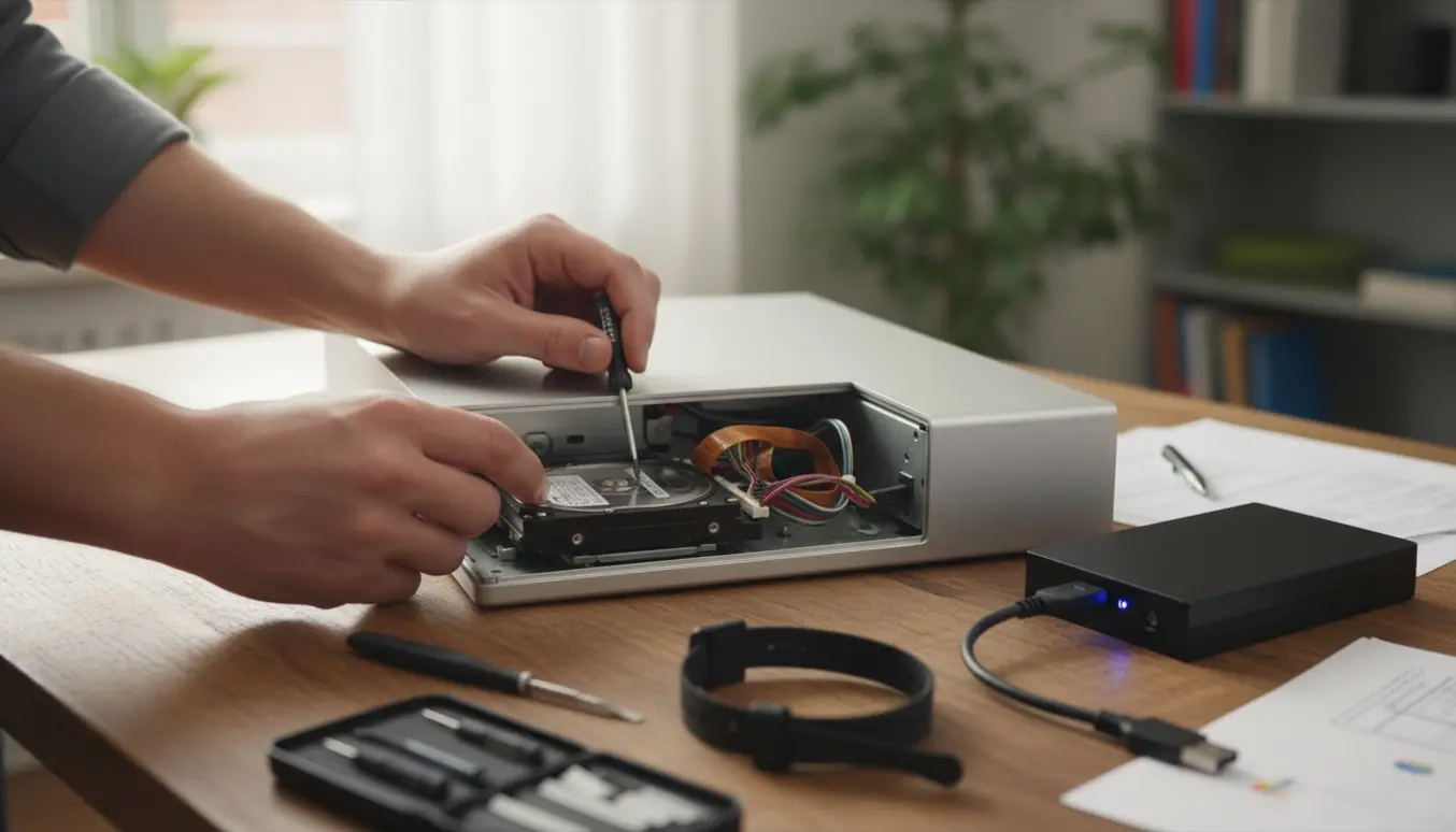 Hænder reparerer en ældre sølvfarvet alt-i-én-computer på et træbord med værktøj og en ekstern harddisk til dataredning.