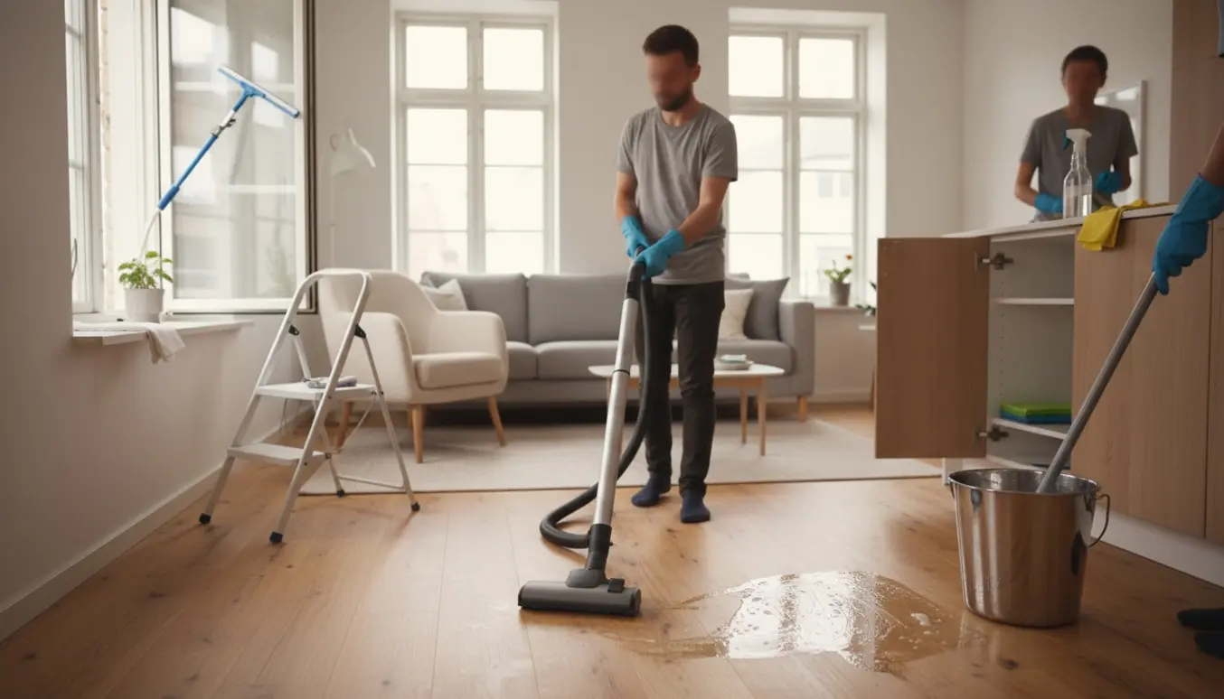 Rengøringshjælp udfører støvsugning, gulvvask og vinduespudsning i et lyst, moderne hjem.