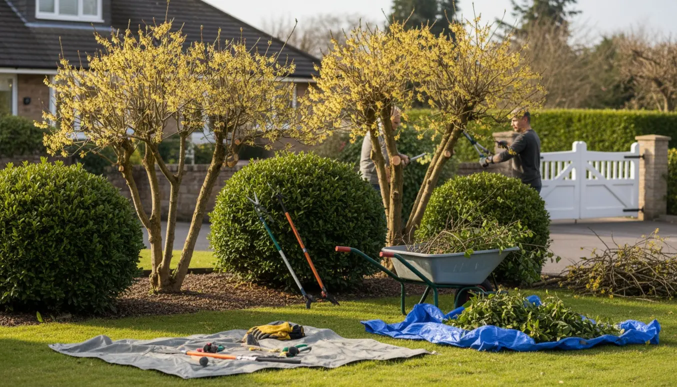 Havearbejder beskærer fire store buske, heraf to troldhassel, med værktøj og en vogn fyldt med afklip klar til bortkørsel.